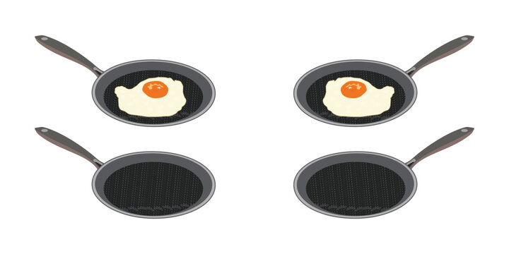 Nonstick frying pan set with fried egg, flat kitchen vector illustrations