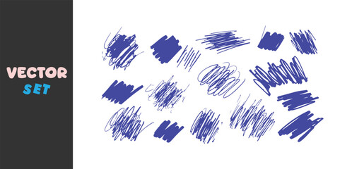 Collection of hand drawn blue scribbles and abstract brush strokes