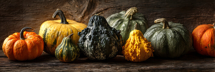 A rustic display of assorted gourds and pumpkins on a weathered wooden surface, evoking autumn harvest and thanksgiving themes