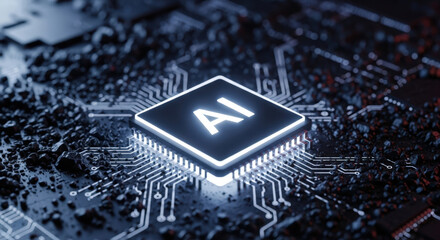 AI Chip on a Circuit Board Representing Artificial Intelligence Technology and Machine Learning in a High Tech Environment for Innovation and Automation