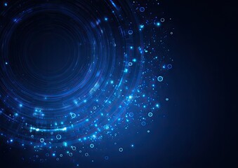 Abstract digital art showcasing glowing blue circles and sparkling particles against a dark backdrop
