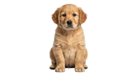 Isolated golden retriever puppy sits attentively looking forward with gentle eyes