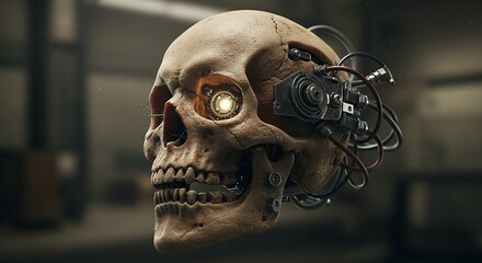 Cybernetic skull illustration with glowing eye mechanical components and detailed texture
