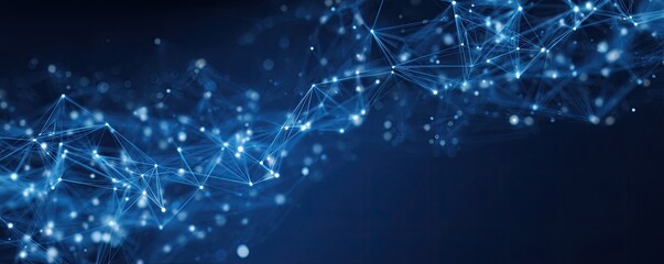 A digital illustration of interconnected dots, lines, and particles emitting a vibrant blue glow