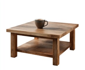 Square wooden coffee table with a cup
