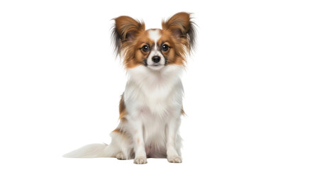 Isolated Papillon dog sitting and looking at the camera in studio shot. Purebred companion animal.