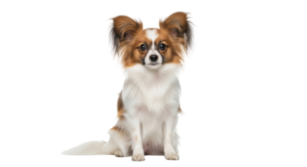Isolated Papillon dog sitting and looking at the camera in studio shot. Purebred companion animal.