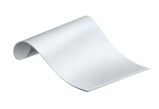 White paper sheet with curved edges isolated on a transparent background