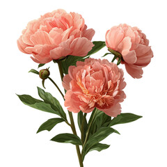 Three Coral Pink Peonies isolated on a transparent background