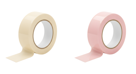 Two rolls of pastel-colored adhesive tape in beige and pink isolated on white, perfect for crafts and decorating projects