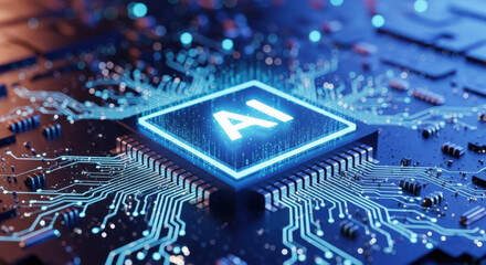 AI Circuitry: A Detailed View of Artificial Intelligence Integrated into a Computer Circuit Board, Representing Advanced Computing and Technological Advancement