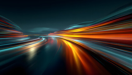 Abstract image of speed motion on the road. Neon color glowing lines background, high-speed light trails effect. Modern abstract high-speed light motion effect on black background.