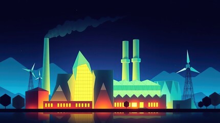 Night Factory Landscape Illustration.