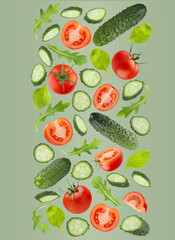 Vegetable salad ingredients fly as decorative wide straight flow, border on green background. Tomatoes, cucumbers, mixed greens. Wholesome, vitamin food for antioxidant salads, healthy dietary menus.