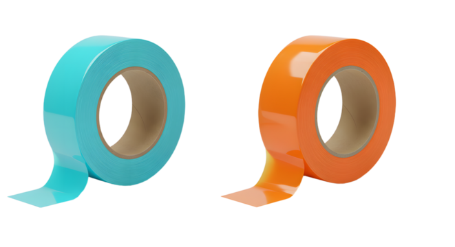 Two rolls of colored adhesive tape, blue and orange, isolated on white background, perfect for craft projects and office use