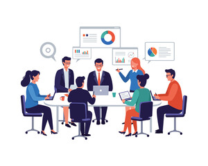 Diverse team of professionals collaborating in a modern office meeting room discussing charts and data on screens