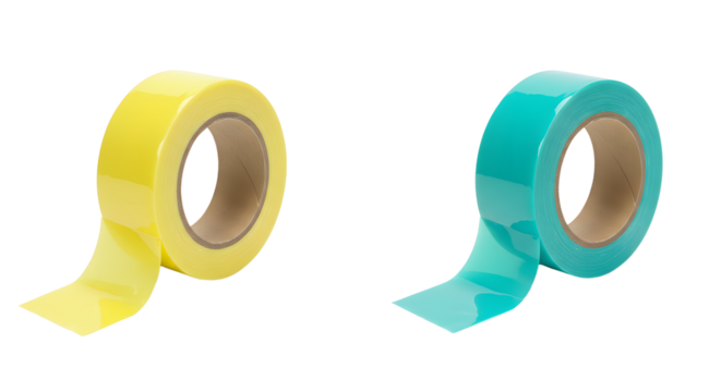 Two rolls of colorful adhesive tape in yellow and teal on white background, useful for office, craft, and DIY projects