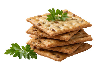 Stack of Square Crackers with Seeds and Parsley isolated on a transparent background