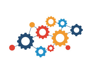 Interconnected colorful gears and circles forming a network representing teamwork collaboration and mechanical system integration