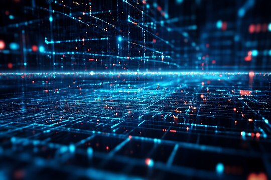 Futuristic digital cityscape with neon lights and data streams abstract technology