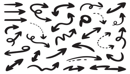 Obraz premium A diverse set of black hand drawn arrows in various styles, shapes, and directions, perfect for design elements.