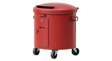 Vintage red metal donation bin on wheels with locked slots and a side door for charity collections and fundraising events