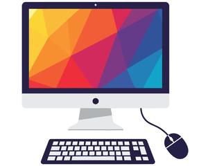 Modern all in one desktop computer with colorful abstract screen display and wireless mouse and keyboard