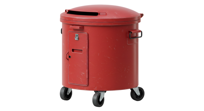 Vintage red metal donation bin on wheels with locked slots and a side door for charity collections and fundraising events