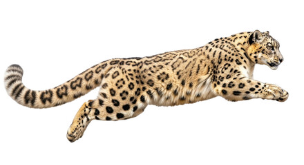 Isolated Snow Leopard mid-leap, stalking prey, displaying its beautiful patterned fur coat