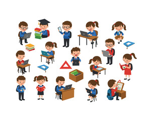 Diverse group of cheerful cartoon children engaged in various educational activities and learning at school desks with books and laptops