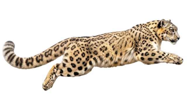 Isolated Snow Leopard mid-leap, stalking prey, displaying its beautiful patterned fur coat