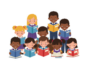 Diverse group of happy smiling children of various ethnicities reading books together in a joyful educational learning environment