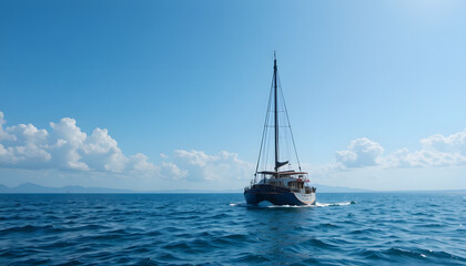 Fototapeta premium “Sailboat Cruising on Calm Blue Ocean Under Clear Sky”