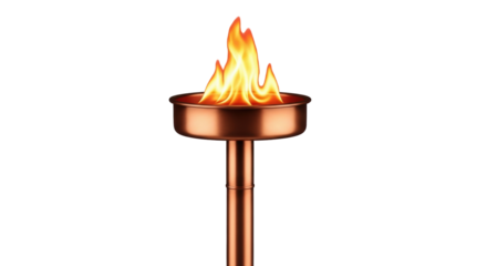 Isolated flame in metal torch holder for ceremonial use or ancient lighting object indoors