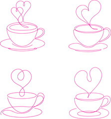 Simple line art of a coffee cup with heart shaped steam and Continuous line drawing