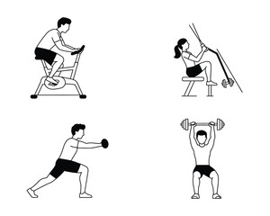 Four hand drawn illustrations depicting different fitness exercises including cycling weightlifting and boxing for health and wellness concepts