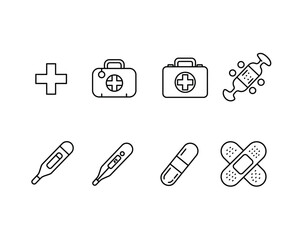 Collection of hand drawn medical icons featuring a cross first aid kit thermometer bandages and candy for healthcare and wellness concepts