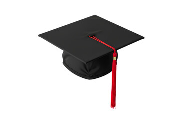Black Graduation Cap with Red Tassel on Transparent Background
