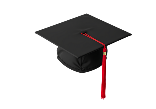 Black Graduation Cap with Red Tassel on Transparent Background