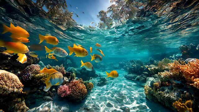 Colorful fish swim among vibrant coral reefs in crystal clear waters of a tropical paradise