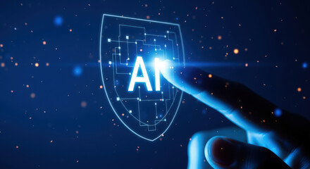 AI Shield with Finger Touching the AI Text Symbolizing Artificial Intelligence Security and Protection in Technology and Cybersecurity Concepts
