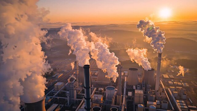 Aerial drone view of paper and pulp industry at dawn, chimneys with steam rising, reflecting industrial power and forestry-based economy