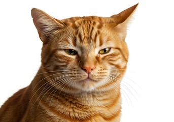 Close-up portrait of an orange tabby cat with a skeptical expression looking directly at the viewer against a white background.