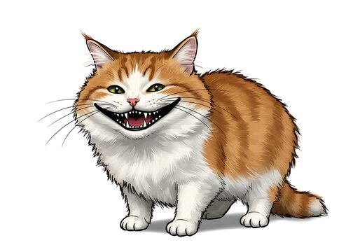 A fluffy ginger and white cat with a wide, toothy grin and bright green eyes, standing on all fours with its tail curled.