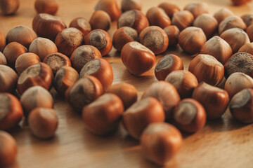 Freshly harvested hazelnuts spread out on a wooden surface in warm sunlight