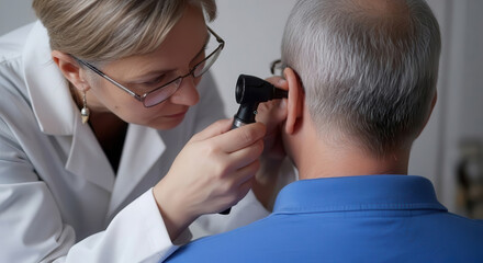 Female healthcare professional examining senior man's ear with otoscope in a clinical setting, showcasing attentive care and medical expertise in patient examination