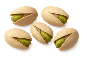 Pistachio nuts scattered, showing green kernels inside cracked shells, healthy snack, transparent background