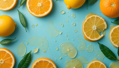 “Juicy Citrus Medley on Blue Background with Splashes”