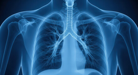 Detailed anatomical illustration of human lungs in blue tones, showcasing bronchial structure and surrounding tissues, emphasizing respiratory system functionality and health awareness