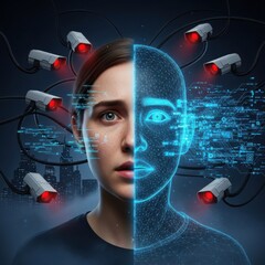 Surveillance society: Woman faces the dual identity of human and digital monitoring